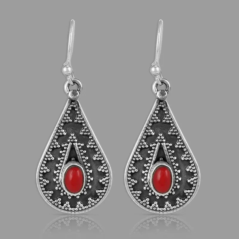 Ethnic Inlay Oval Red Stone Earrings Metal Silver Color Carving Retro Pattern Drop Dangle Earrings for Women Jewelry