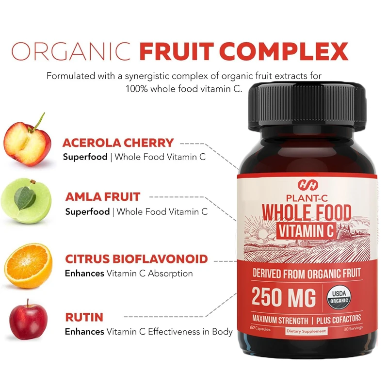 Organic Vitamin C High Absorption Vegan, Enhances Bioavailability - Immune Support, Antioxidants, Comprehensive Health