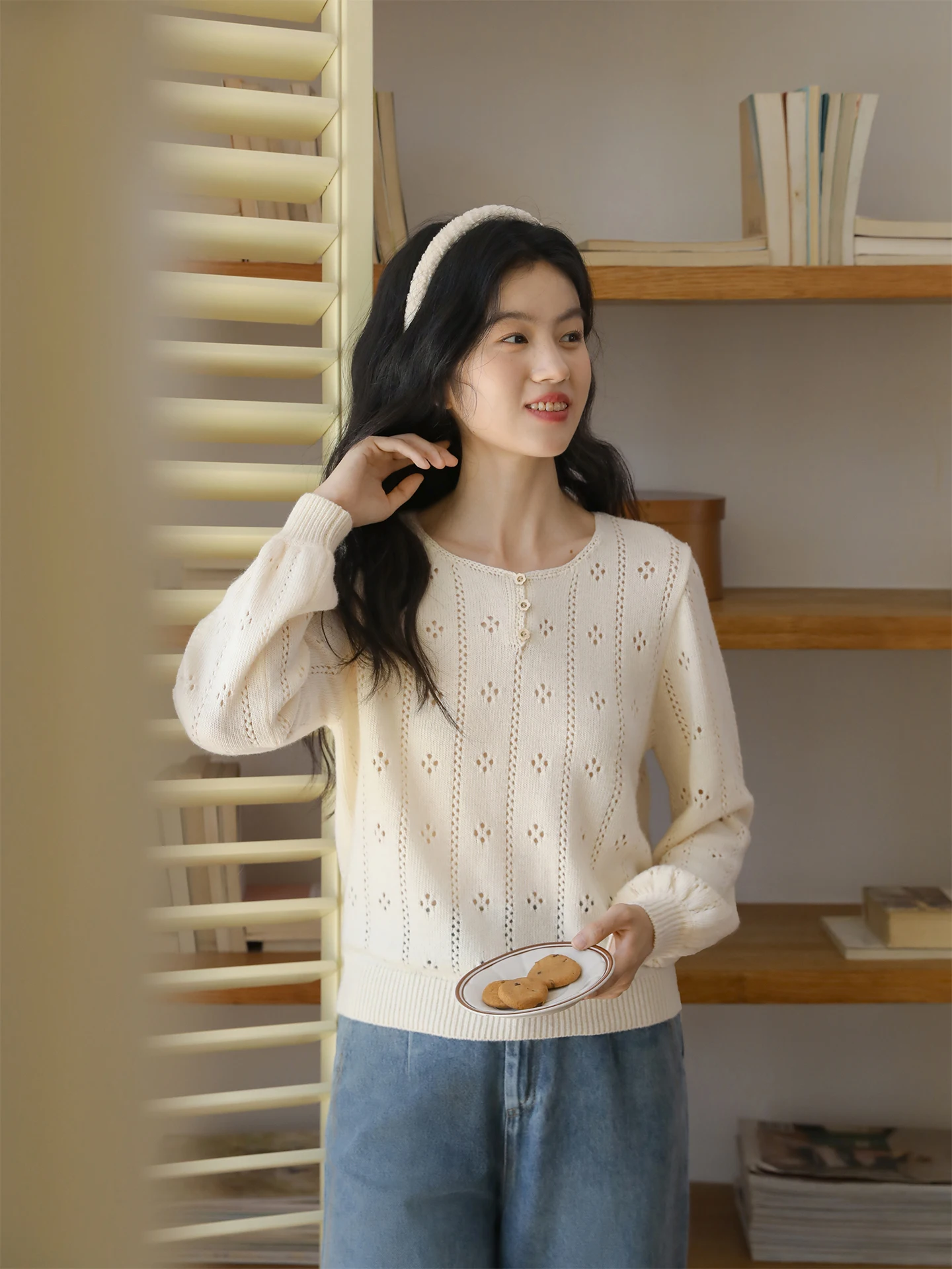 

Nesoulum Women's Knitted Sweater Wool Hollow out Lace Trim Beige Spring Artistic Lazy Sle Top 00%