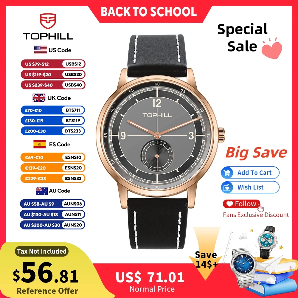 TOPHILL 40mm 1L45 Vintage Herrenuhr Retro Business Design Japanisches Quarzwerk Saphirglas Lederarmband TW098G