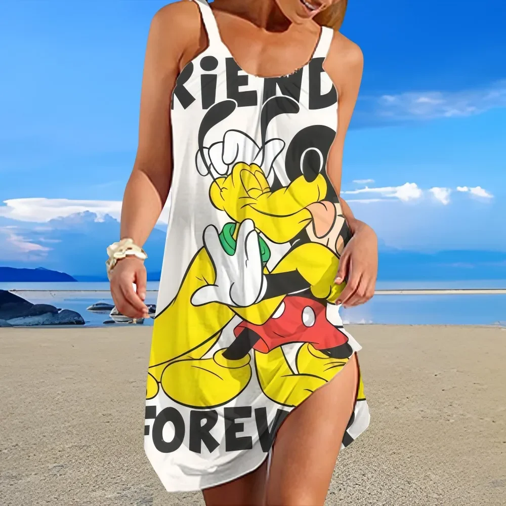 

Disney Cartoon Pattern 3D Printed Suspender Dress for Women Summer Lightweight Loose Round Collar Knee-length Beach Dress