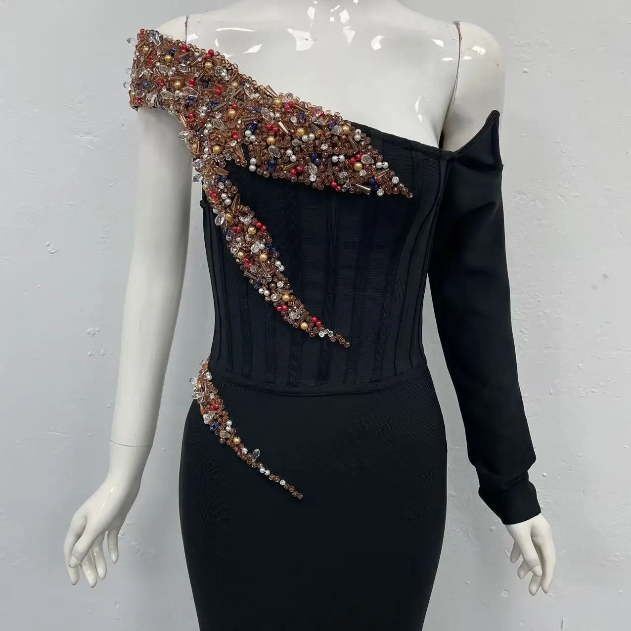 

Off-Shoulder Long Evening Gown With Beaded Custom Mermaid Formal Occasion Long Dress Long-Sleeved Satin Evening Eress For Women