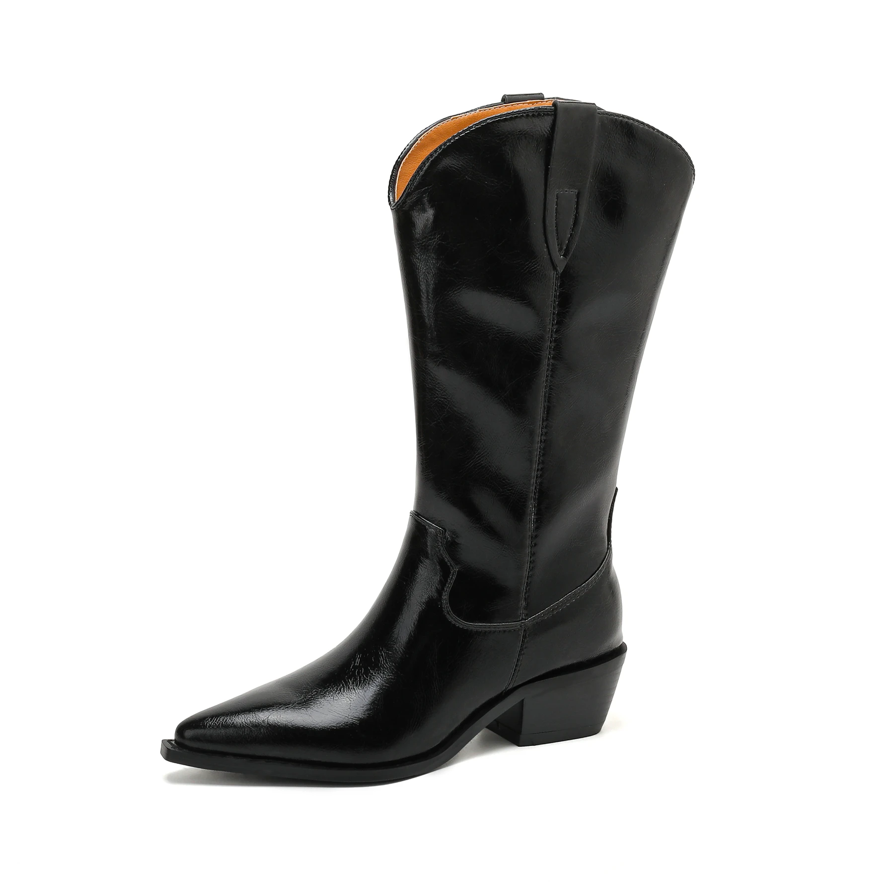 Plus Size Cow Skin Pointed Toe Patwork Med Heels Modern Western Boots Warm Winter Shoes Dating Retro Brand Women Mid-calf Boots