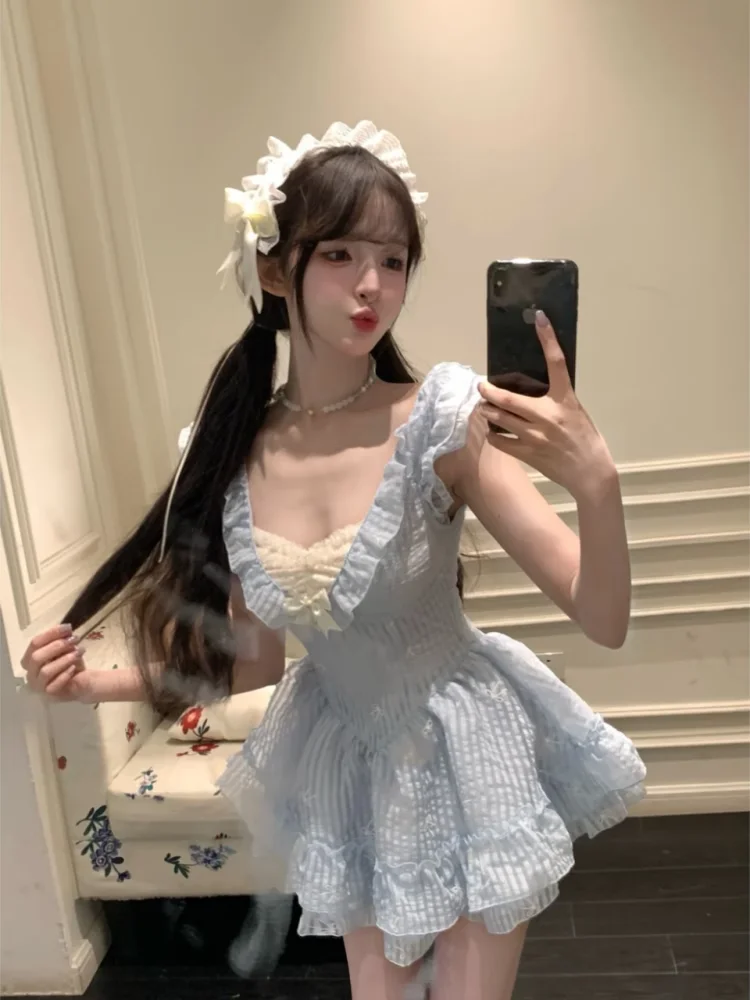 Summer Sweet Sle Women's Dr Strapl Puffy ort Skirt High Waist Princ Gown No Sve V-Ne  High Quali