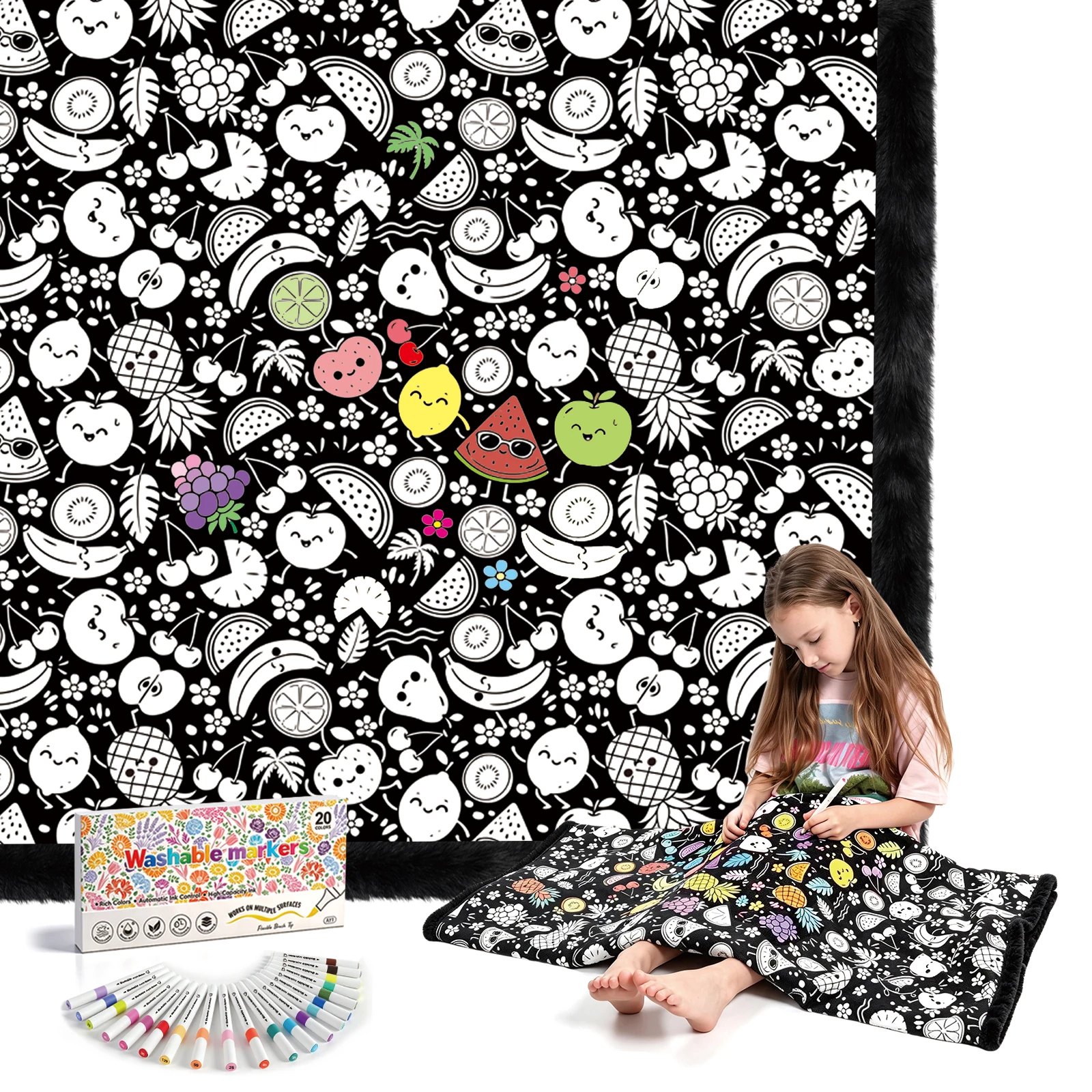 Royamoon Washable Coloring Blanket with 20 Markers,40x60 Inch Cozy Doodle Mat,DIY Crafts Home Decor Gift for Kids & Adults (Fruit)