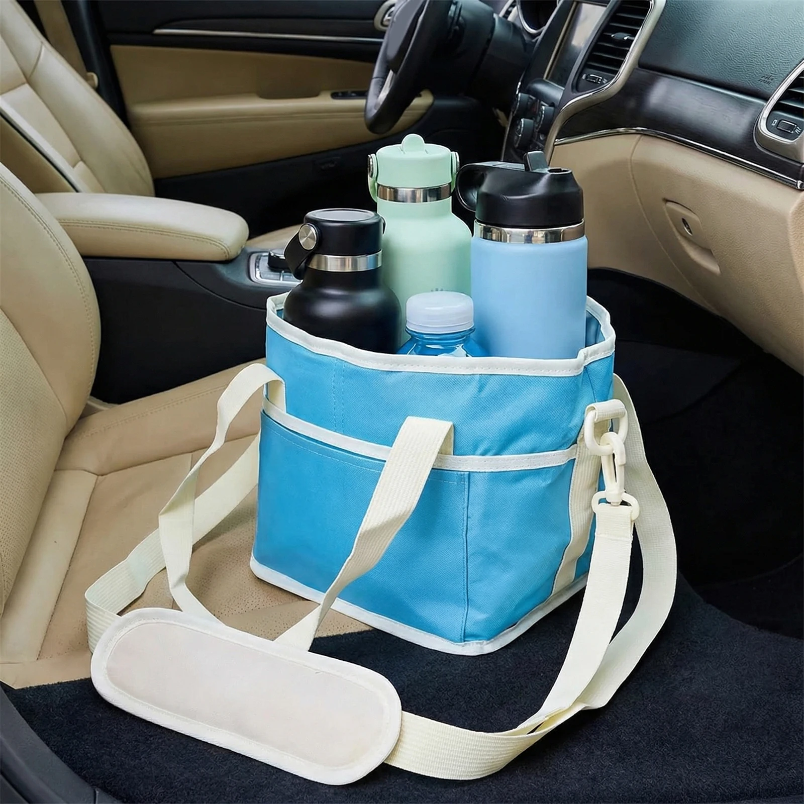 

4 Compartment Drink Bag with Adjustable Strap Reusable Drink Carrier Family Size for Hiking Walking Sports Outings Daily Use (Blue)