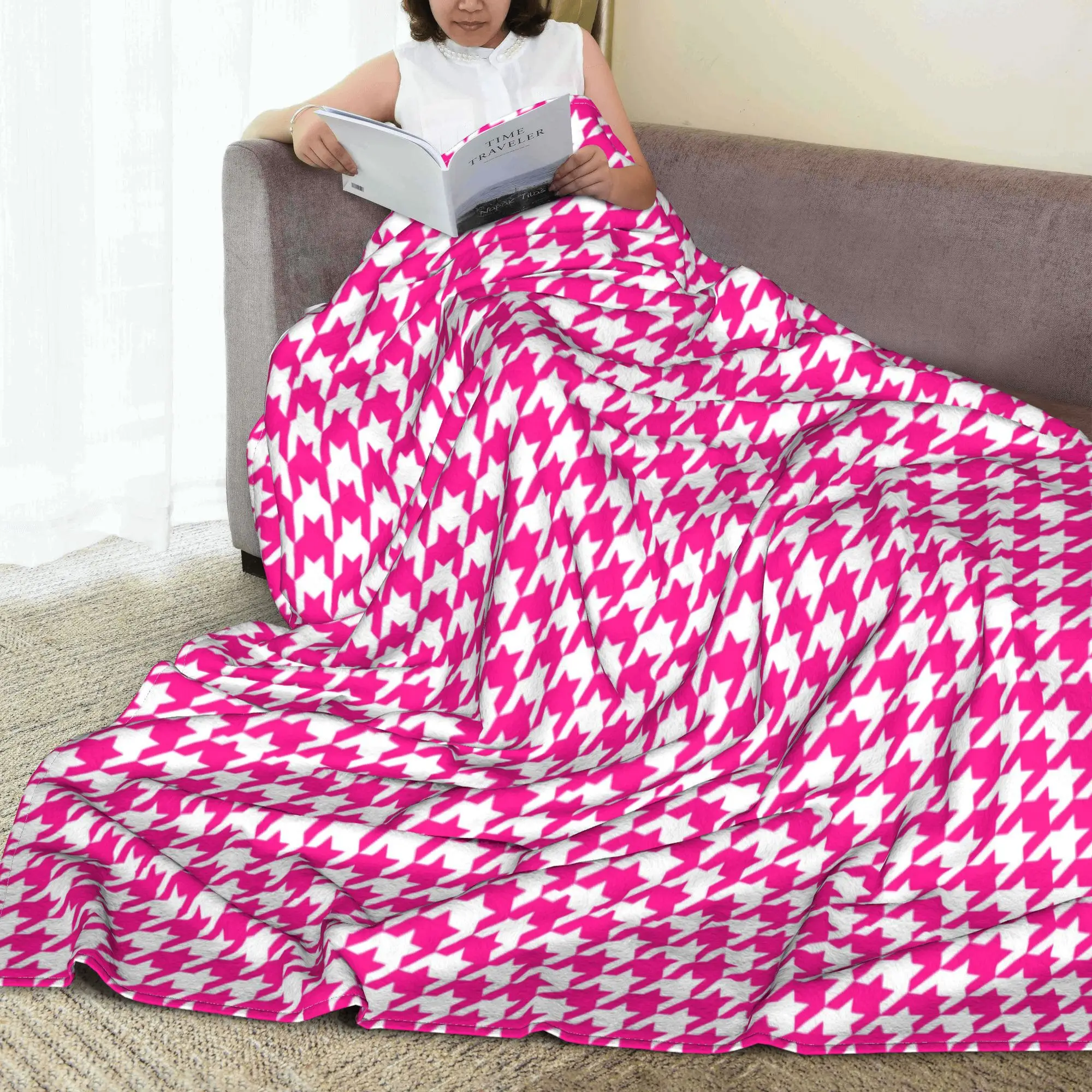 Flannel Throw Blanket Hot Pink White Houndstooth Warm Plush Blankets Soft Bedspread for Bed Living room Home Travel Couch