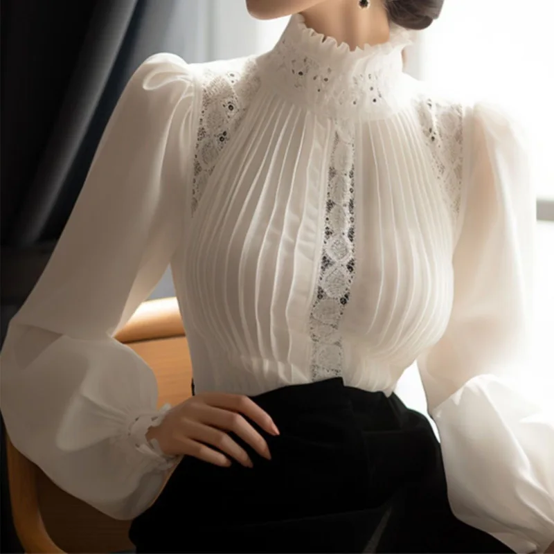 Spring New White Hollow Out Temperament Shirt Tops Long Sleeve Solid Patchwork Pleated Blouse Elegant Fashion Women Clothing