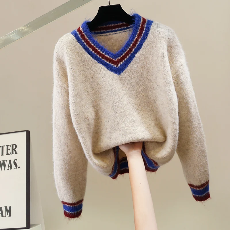 

Korean Sle Heavyweight Color Blo V-Ne Knitted Sweater Loose Long Sve Faionable Top for Autumn Winter Season