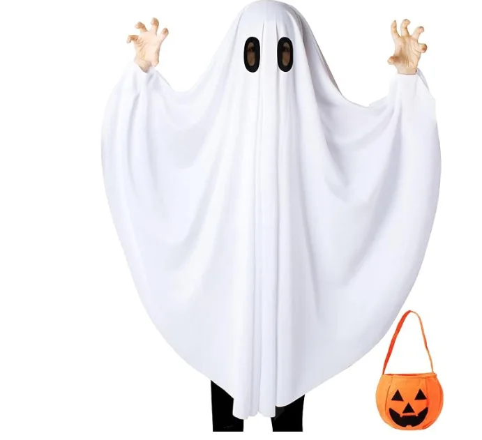 

Ghost Costume for Kids White Ghost Poncho Cape with Pumpkin Bag Accessories Halloween Cosplay Costume Props