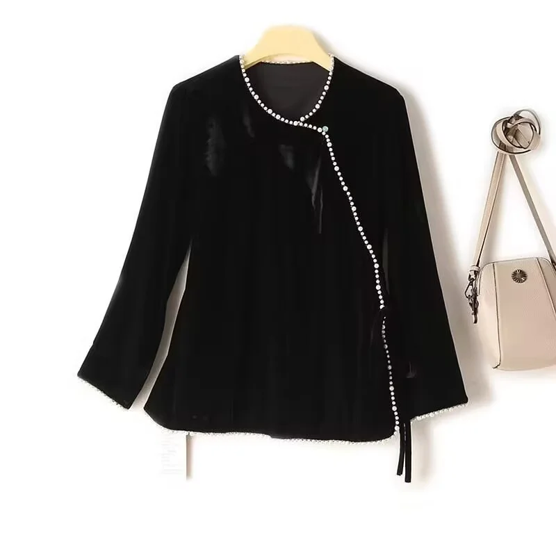 

New Outerwears Woman Clothing Hand-beaded Design Retro Buckle Nostalgic Series Black Gold Velvet Coat ong sleeve blouse autumn