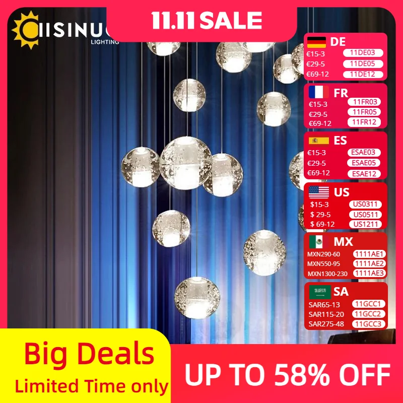 Dropshipping Villa Staircase Pendant Lights Long Cable Hanging crystal glass ball droplight for Restaurant Bar Indoor Decorative