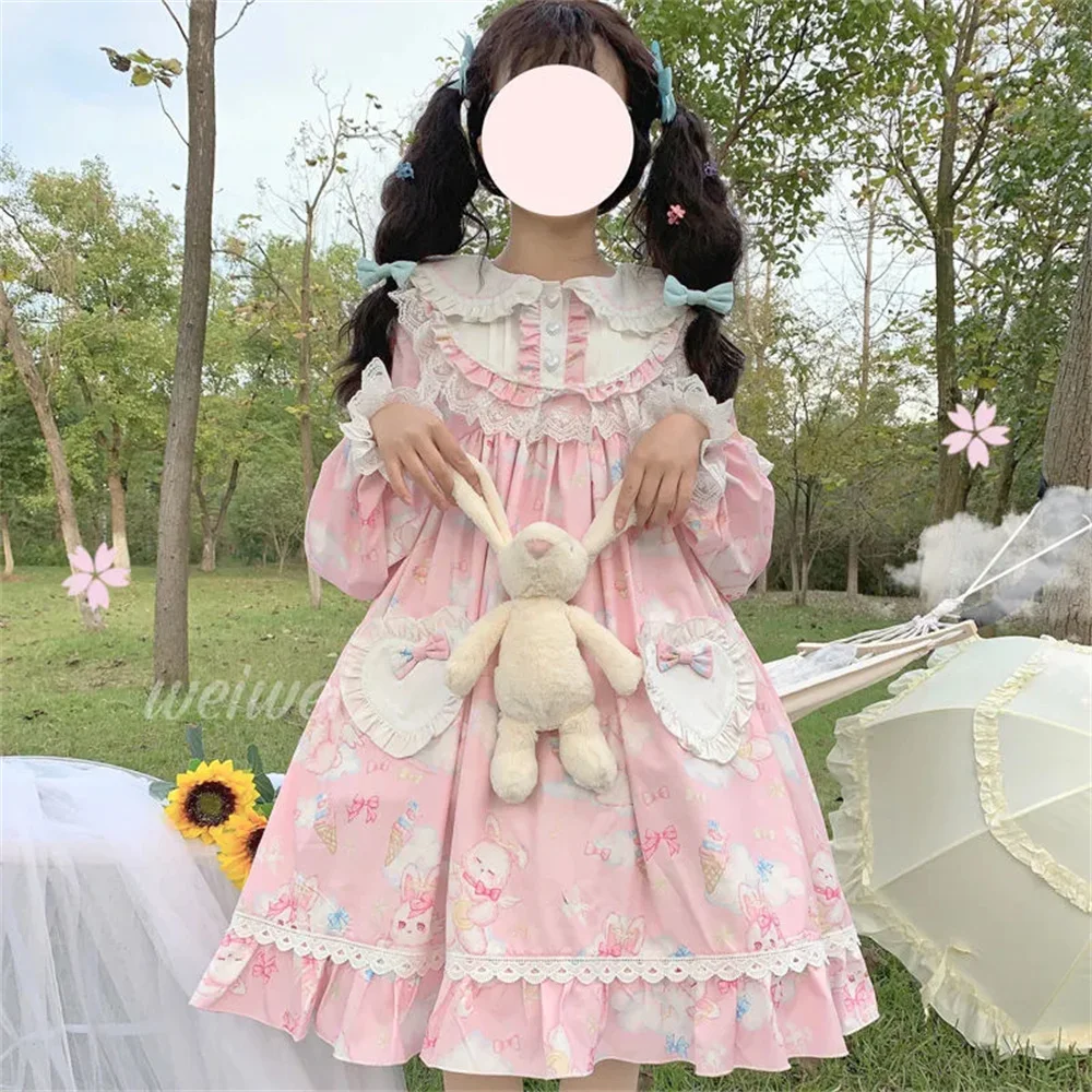 Süße Mädchen lieben Knöpfe niedlichen Kaninchen drucken Lolita Kleid Sommer weiches Mädchen Peter Pan Kragen Kawaii Loli Cosplay Lolita op