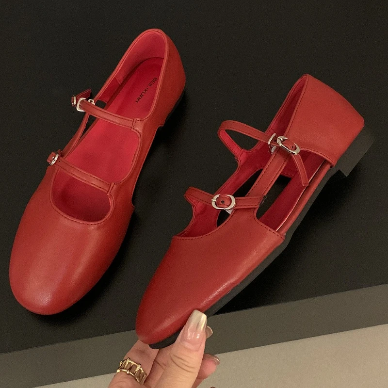 

Round Toe Fashion Ballet Flats Women Belt Buckle Shallow Elegant Dress Shoes Footwear Female New Summer Mary Jane Shoes Women
