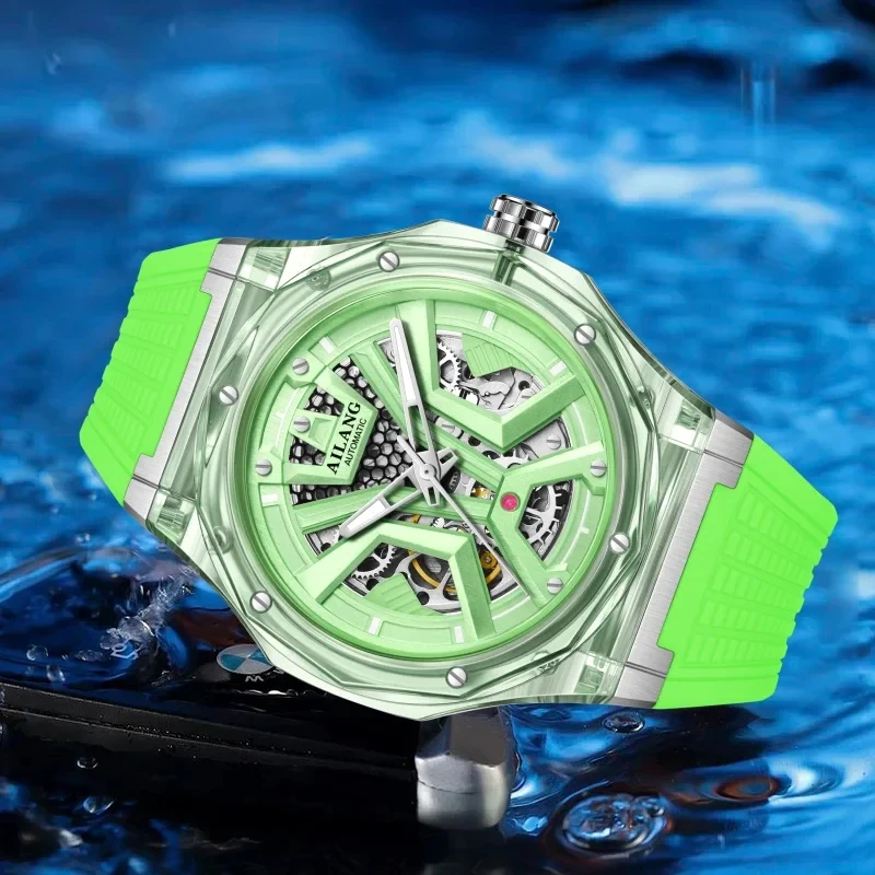 AILANG Brand Sports Men Mechanical Watch Luxury Rubber Strap Waterproof Luminous Hands Fashion Skeleton Automatic Watches Mens