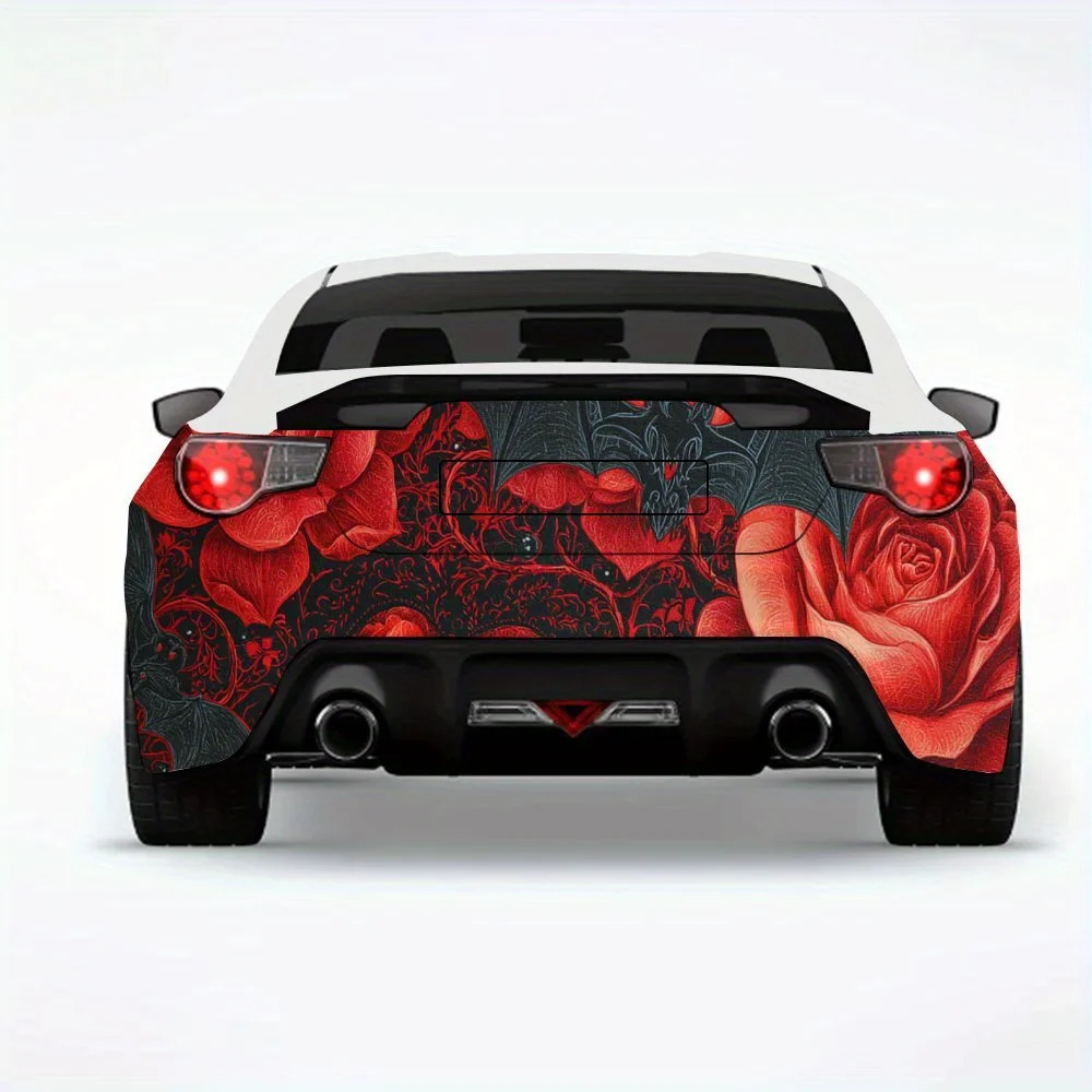 

Красные розы и черные крылья летучей мыши, автомобильная наклейка, виниловая наклейка на заднюю часть автомобиля, водонепроницаемые самоклеящиеся виниловые наклейки для хвоста автомобиля и