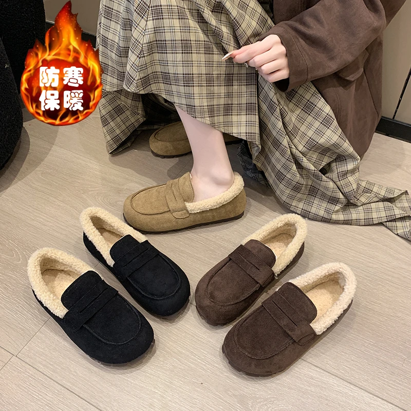 Rutschfeste, mit Fleece gefütterte Mokassin-Schuhe, warme Slip-on-Schuhe aus Wildleder im Retro-Herbst und Winter im Waldstil aus weicher, dicker Baumwolle für Damen