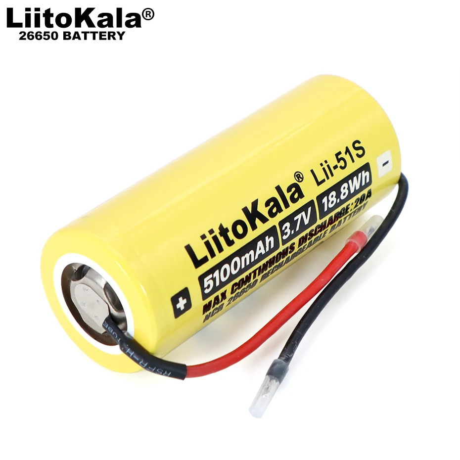 Liitokala Lii-51S DIY Wire 26650 20A rechargeable battery, 26650A lithium Batteries 3.7V 5100mA