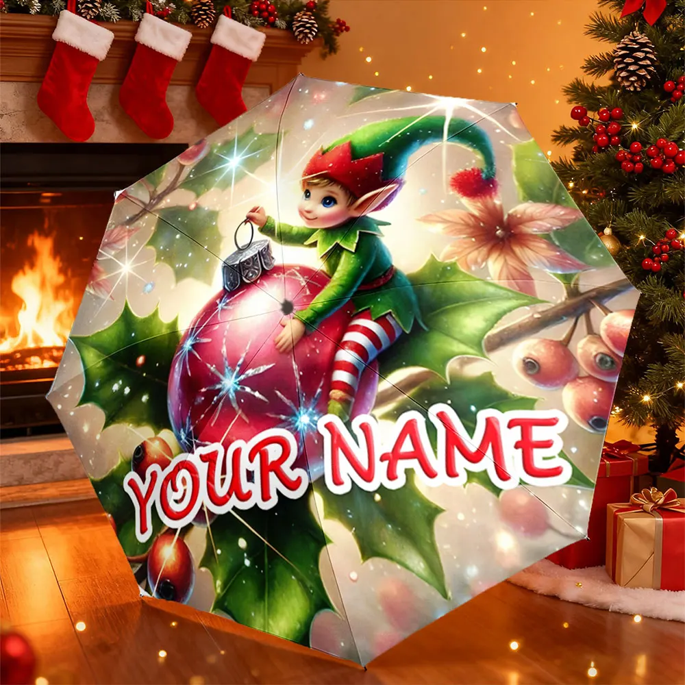 Custom Name Umbrella，Christmas Elf with Ornament and Personalized Text Umbrella Design ,Portable Folding Umbrella,Christmas Gift
