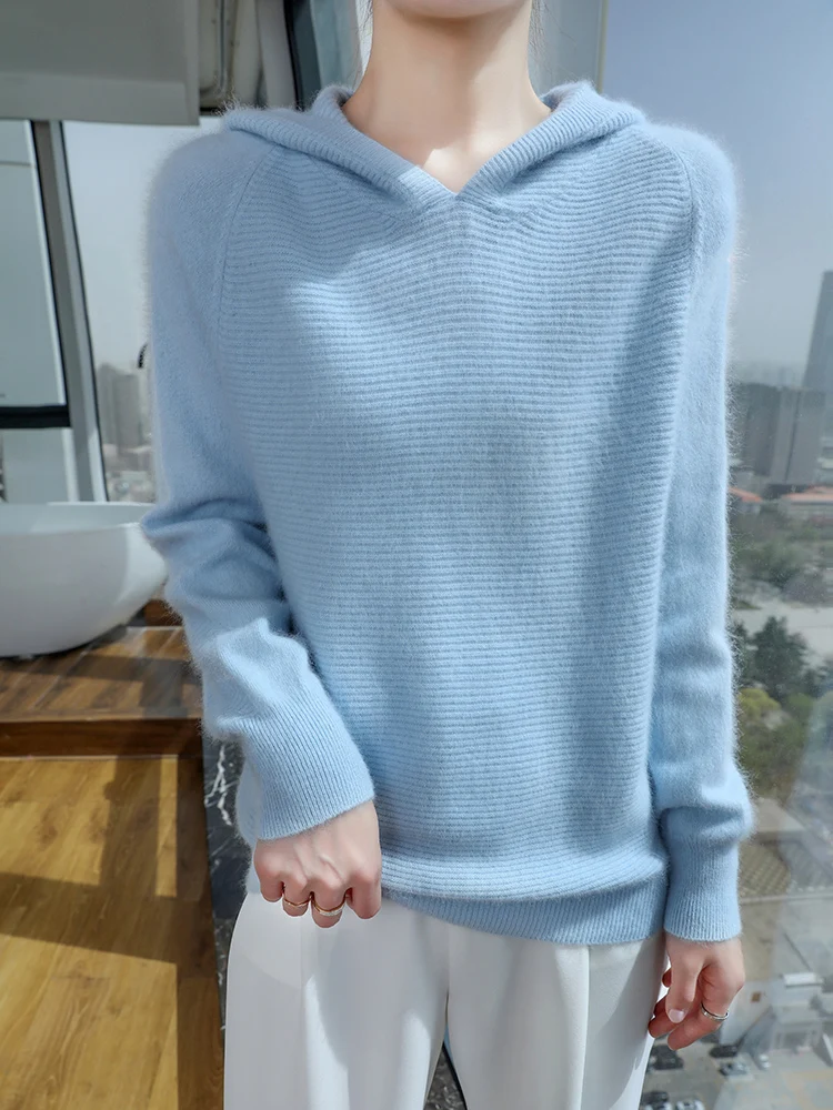 Women\'s Sweater Pullovers Hooded 100% Mink Cashmere Autumn Winter Raglan Sleeve Basic Striped Solid Fashion Casual Clothing Tops