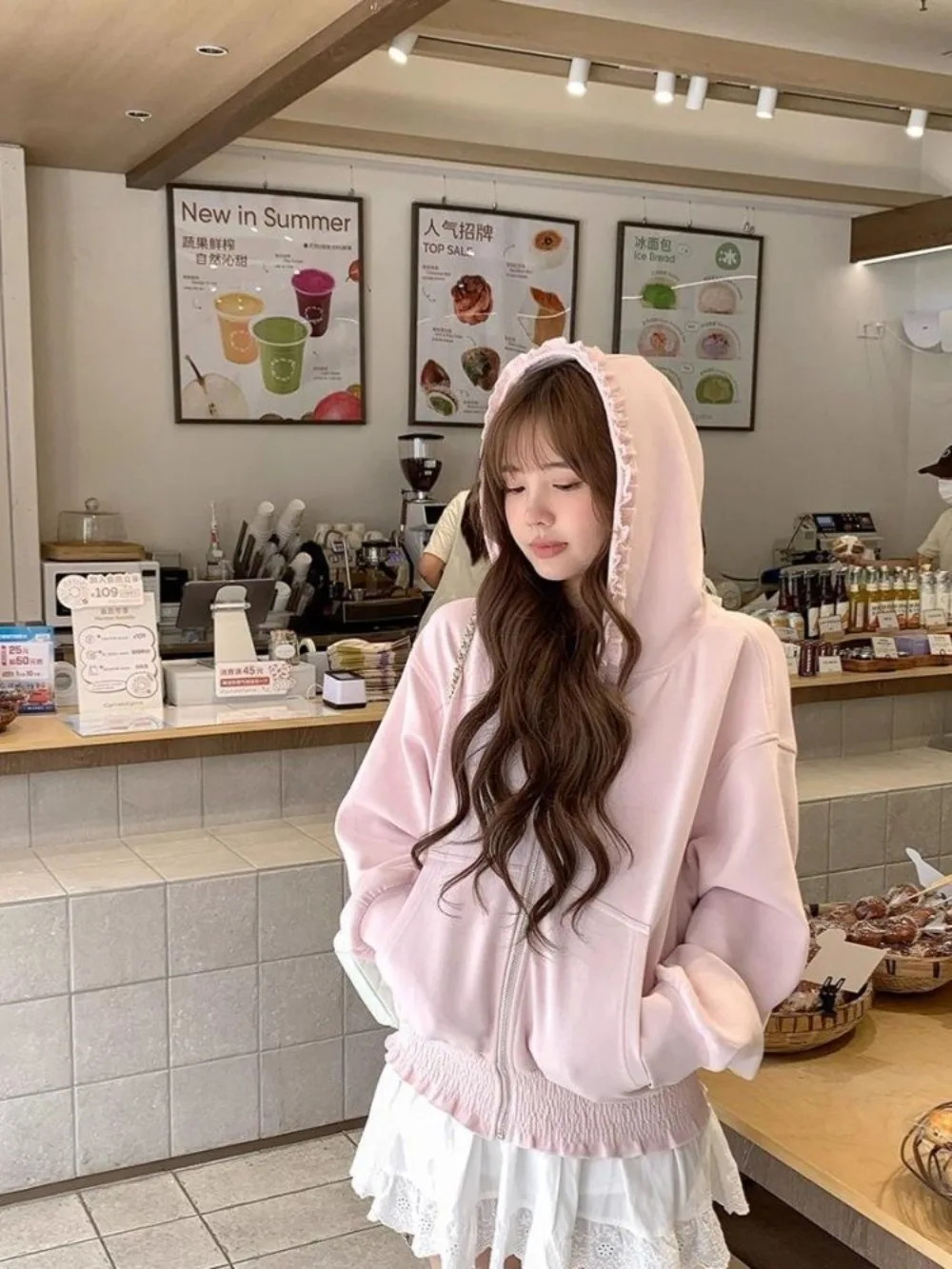 Y2k Aesthetic Pink Ruffled Hoodies Women Casual Loose Harajuku Zipper Sweatshirt Spring Sweet Cute Grunge Hoody Jackets