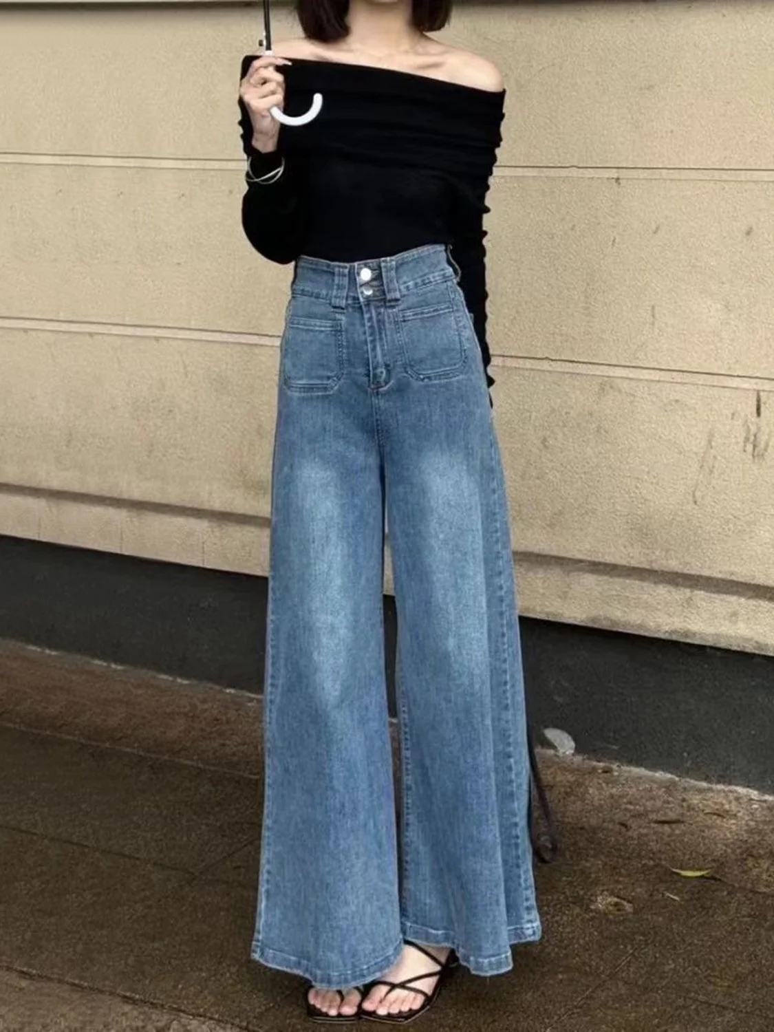 High Waist Wide Leg Denim Skirt Women's Loose Slimming Double Button Floor Length Lazy Bell Bottom Pants Casual Cotton Stretch