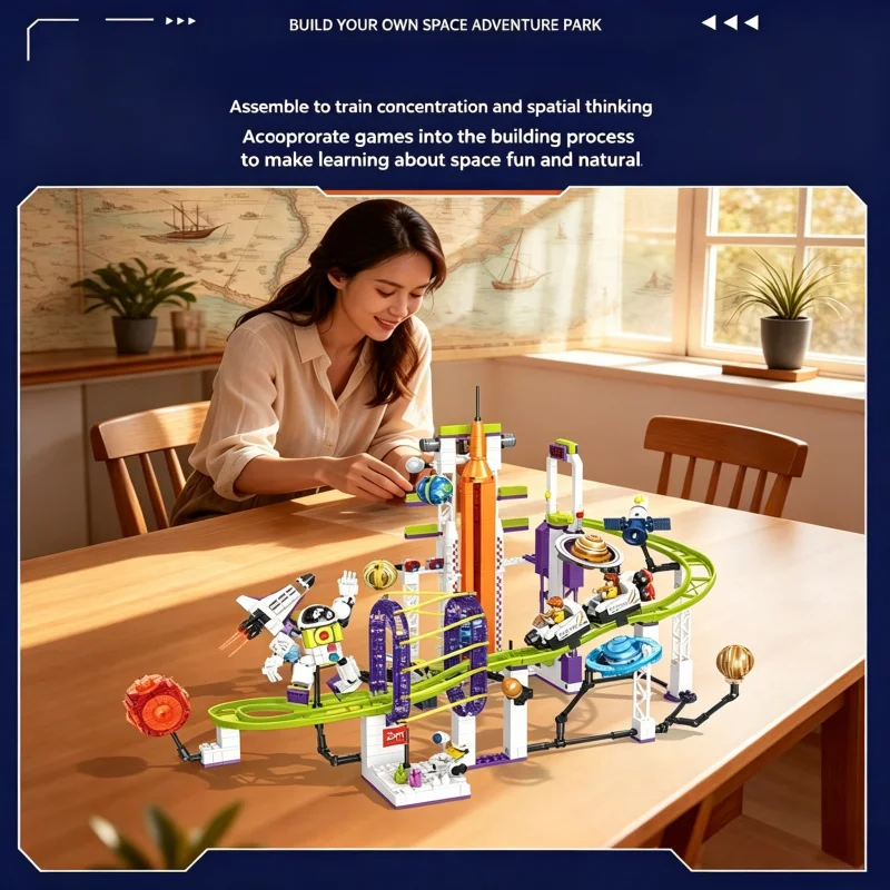 Space-Themed Roller Coaster Building Blocks, Solar System Assembly Set, Ring Orbit Construction Kit, Rocket Tower Assembly Block