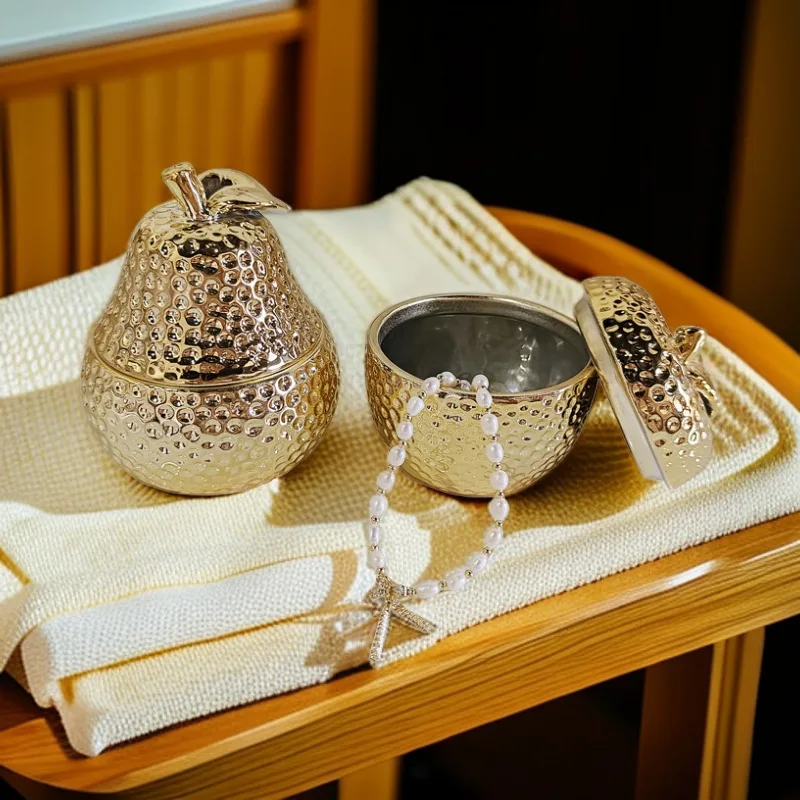 Gold-plated Apple-shaped Storage Container. Ceramic Handicraft. Wedding Gift Makeup Table Accessory Necklace Ring Jewelry Box.