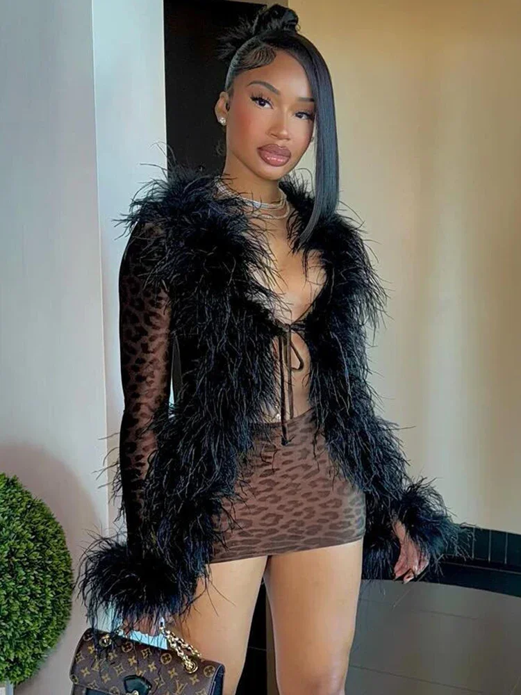 ليوبارد طباعة أطقم فساتين النساء Bodycon مثير فروي المرقعة الدانتيل يصل المحاصيل القمم والشكل الاغراء تنورة 2 قطعة الدعاوى