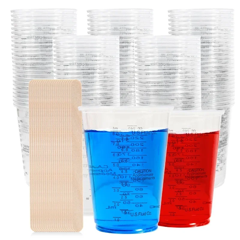 

Multipurpose Disposable Plastic Measuring Cups with Wooden Sticks for Epoxy Resin Liquid Measuring Paint Mixing Cooking&Baking