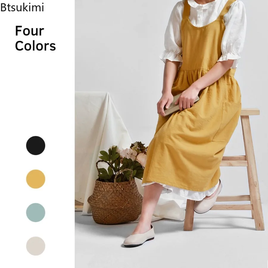novos-aventais-de-algodao-e-linho-japoneses-para-mulheres-com-bolsos-avental-cruzado-nas-costas-vestido-avental-fofo-para-jardinagem-pintura-confeitaria-e-culinaria