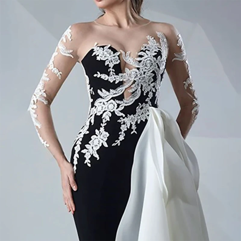 Robe de soirée sirène noire avec appliques en dentelle, col rond, manches longues, robes de Rhpersonnalisées, robe de gala éducative, sexy