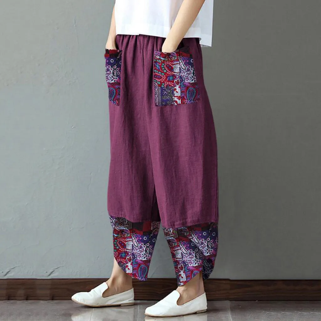 Casual Women Trousers Full Length Summer Elegant Elastic Waist Pants Bottoms Harem Pants for Daily Wear Wide Loose Print Pants