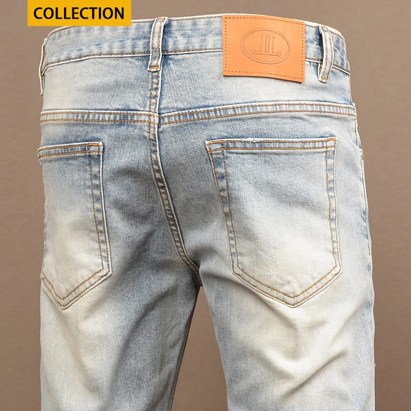 

Fashionable new men's jeans with scratches, washed water, nostalgic stretch, slim fit, retro light blue jeans, designer embroide