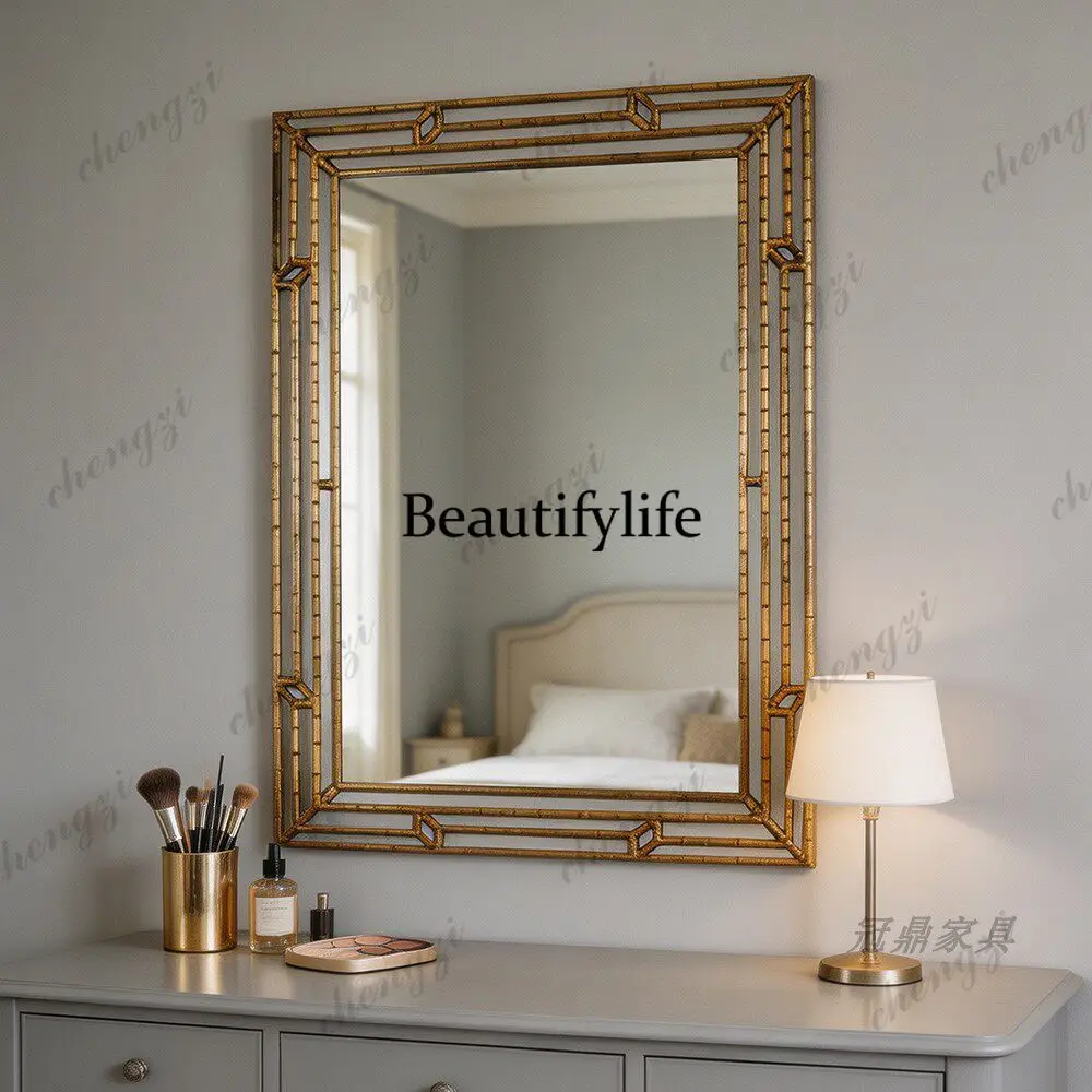 American style square bathroom wall hanging bathroom mirror antique wooden dresser makeup mirror