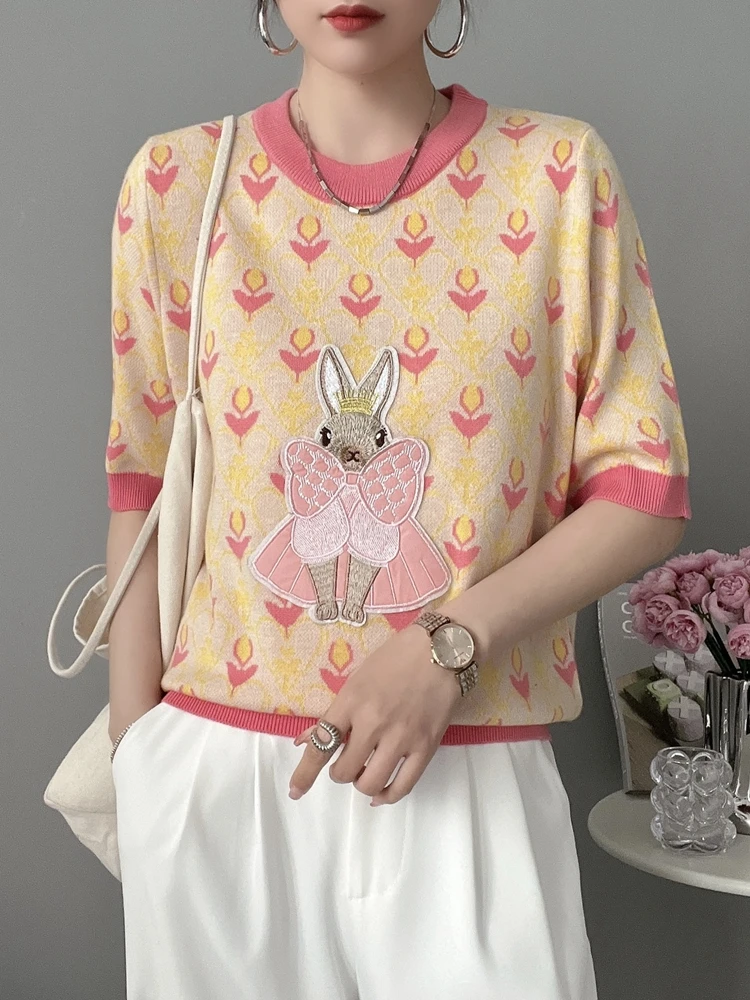 Women 2023 Spring Summer New Ice Thin Short-Sleeved Multicolour Sweater Tshirt Sweet Love Embroidered Rabbit Pullover Top Jumper