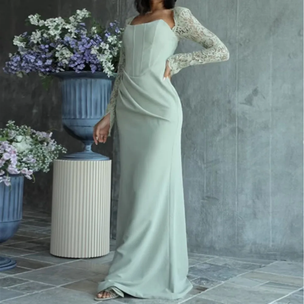 

Customized A-Line Prom Dresses Floor-Length Strapless Full Sleeve Evening Gown Simple Fashion Lace Coat Backless Party Gown