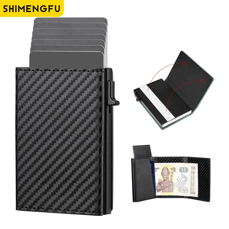 Slim RFID Smart Wallet for Men And Women Minimalist Metal Credit Card Holder Pop-Up Black Purse Small Size