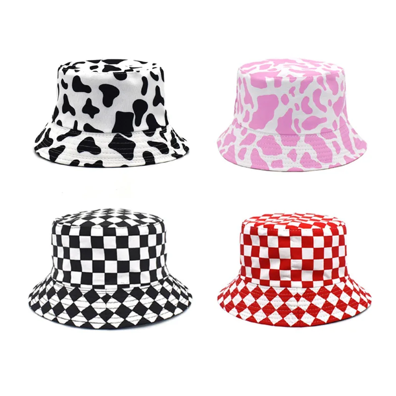 Y2K Cow Spots Checkered Bucket Hat Double Sided Fisherman Hat Unisex Foldable Outdoor Beach Travel Sun Protection Streetwear Cap