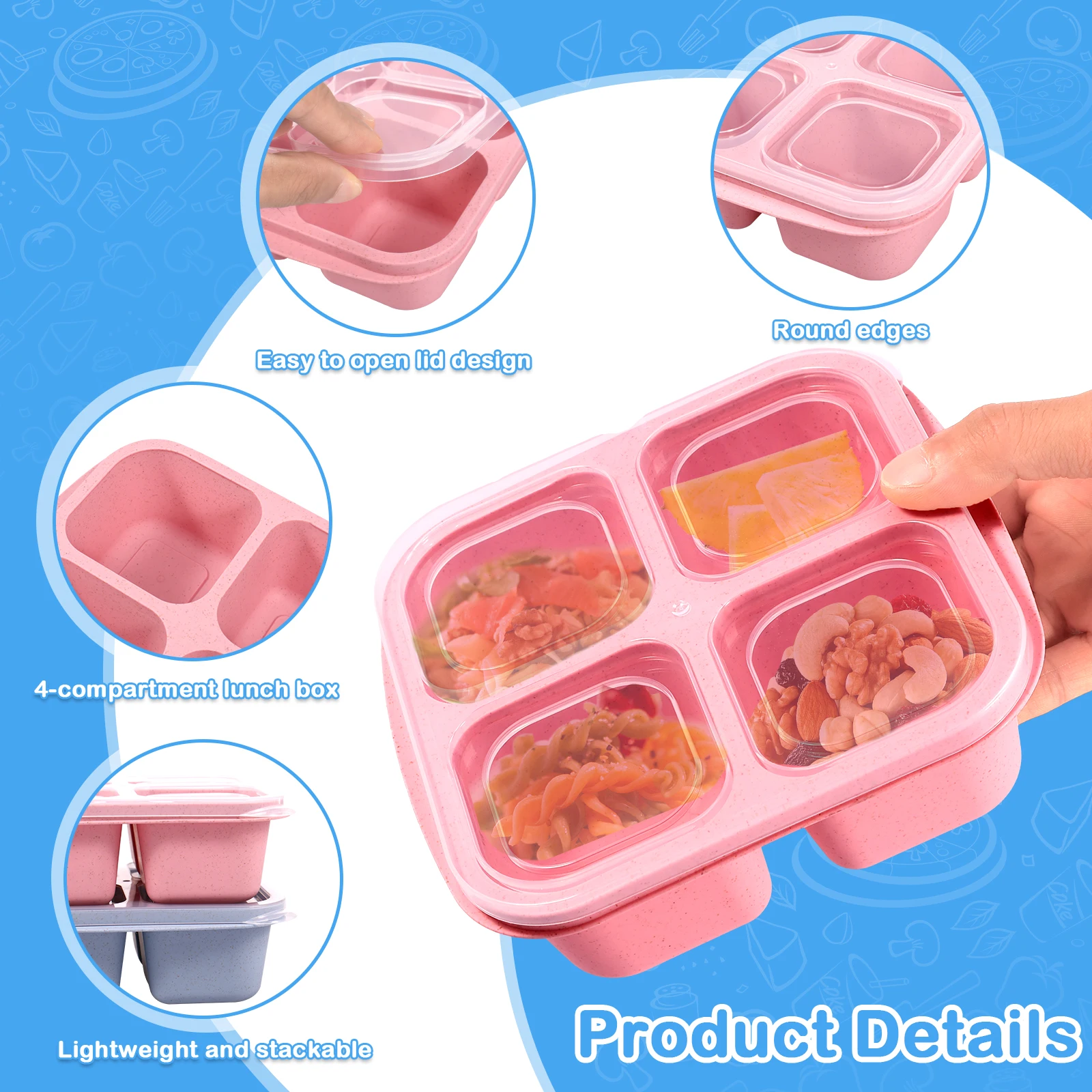 4 Pack Kids Snack Containers Including Lid 4 Compartment Bento Snack Box Stackable Snack Container 4 Colors Bento Food Box