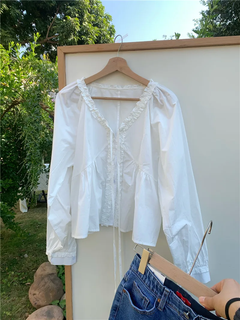 Элегантная белая блузка с рюшами и воротником в корейском стиле, весенний стильный женский топ, облегающий дизайн