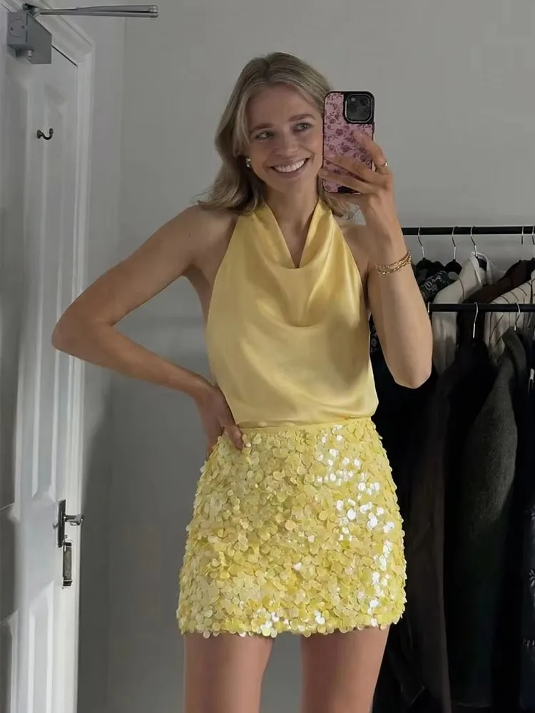HH – ensemble Mini jupe à paillettes pour femmes, dos nu, épaules dénudées, col licou, élégant, Sexy, tenues de Club de fête