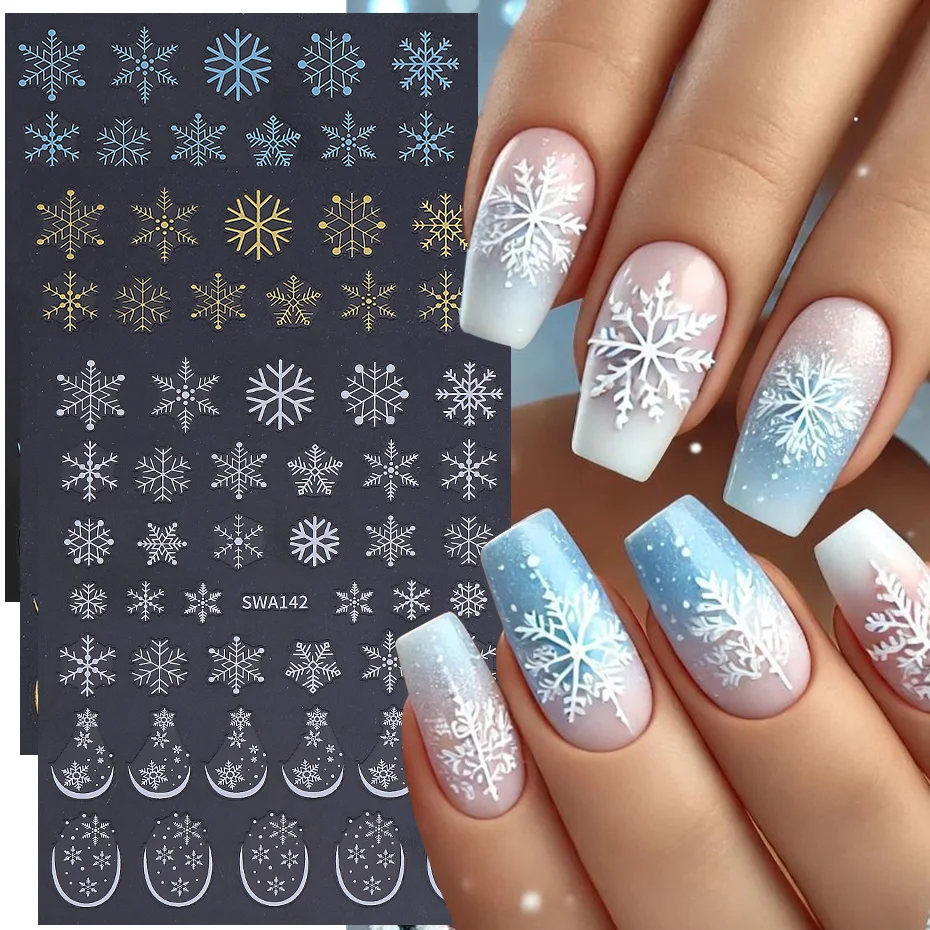 3 Stück Weihnachts-Nagelkunst-Aufkleber, Weißgold, Blau, Schneeflocke, französische Linie, Design-Abziehbilder, DIY, selbstklebend, Neujahr, Maniküre-Dekoration