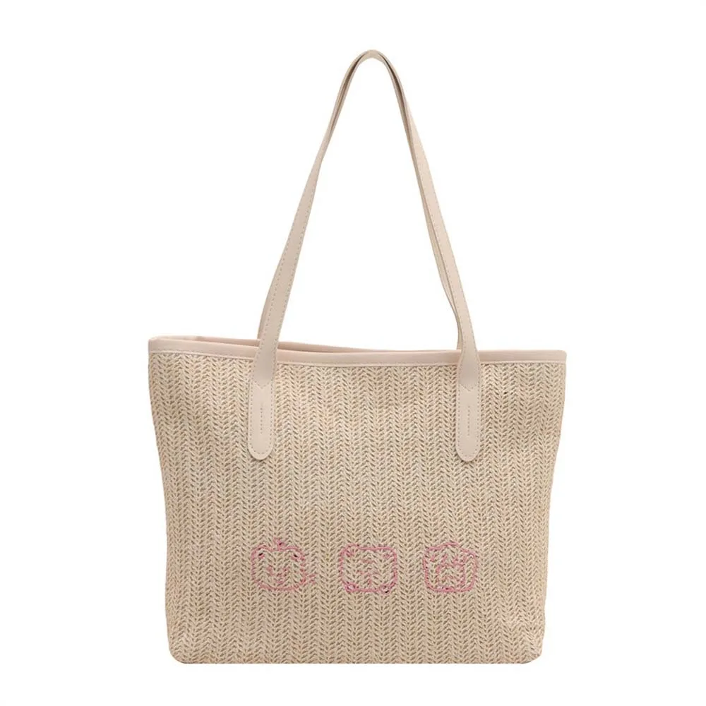 

Shoulder Bag Sweet Straw Tote Bag Cartoon Pattern Breathable Woven Underarm Bag Large Capacity Beige Summer Beach Handbag Daily