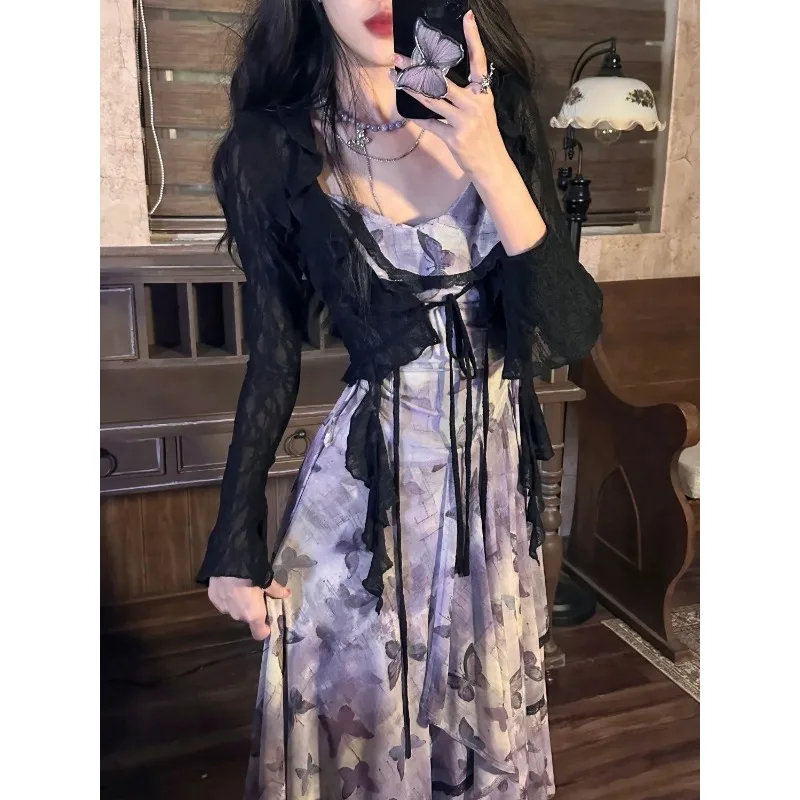 

Purple Butterfly Print Camisole Dress Lace Trim French Fairy Dress