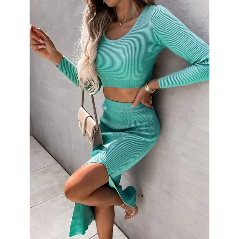 

Bodycon Casual Party Matching Sets Soild 2 Two Piece Sets Women Long Sleeve Crop Top Midi Skirts Suits Winter Streetwear