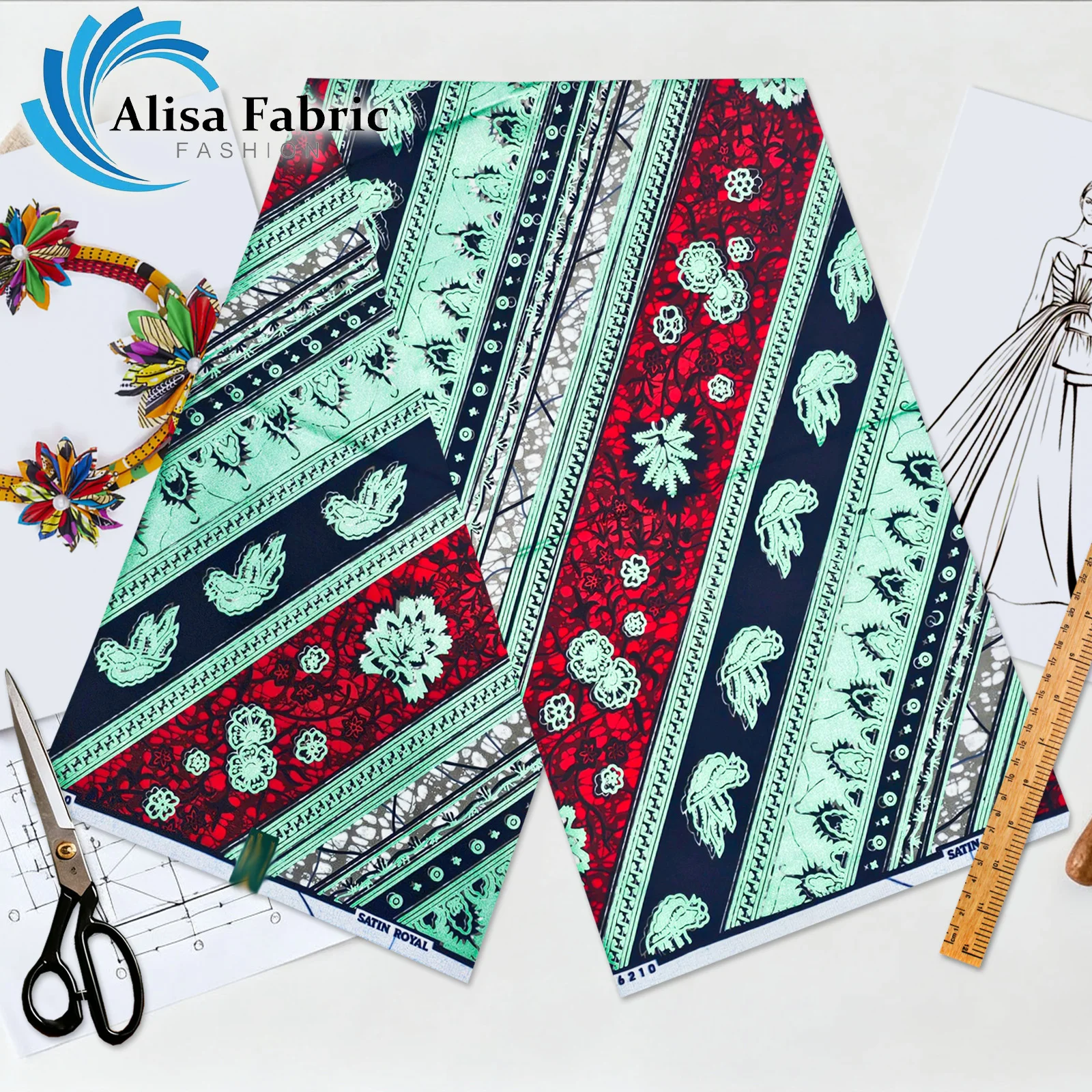 

New arrived African gold wax fabric wholesale 6 yards 100% cotton Ankara couture for nigerian bridal, Mint Green & Rose red