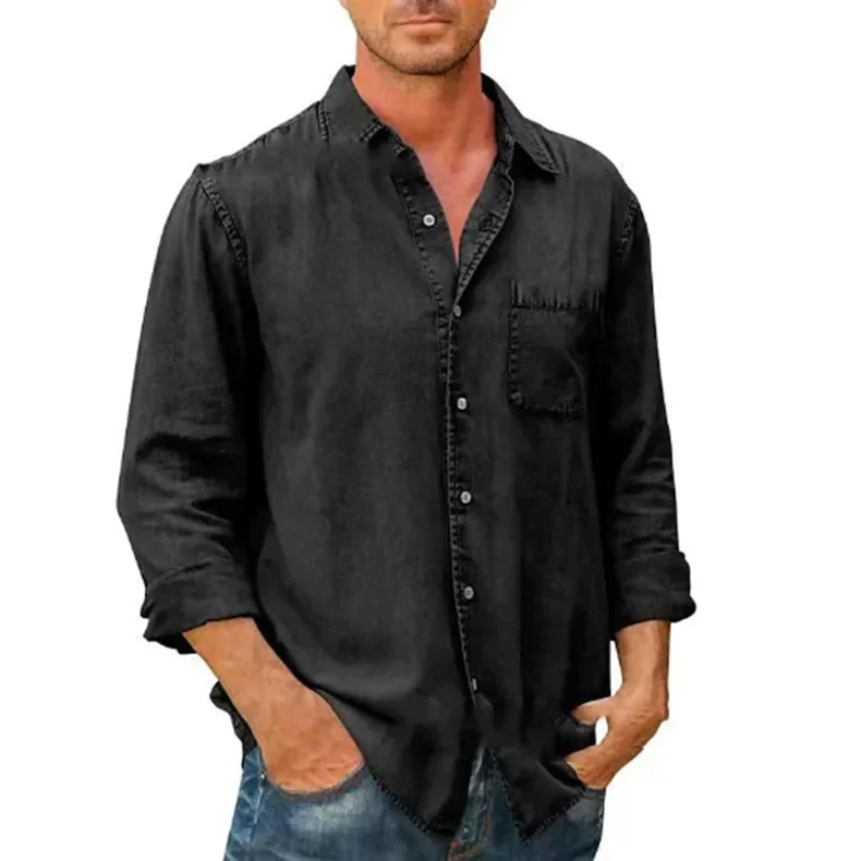 2026 Autumn Men's Tooling Shirt Solid Color Lapel Long Sleeve Street Daily Button Up Shirt Wash Water Shirt Top S-4XL