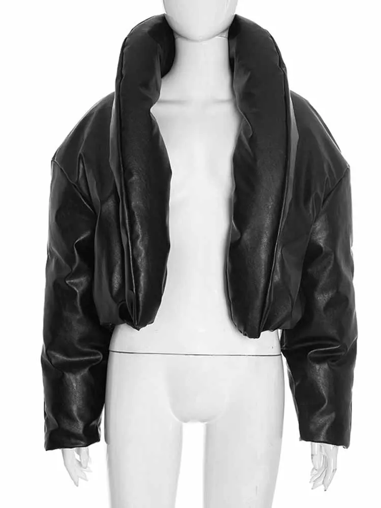 BKQU-Chaqueta de plumón de cuero liso para mujer, Parkas cortas gruesas acolchadas de algodón de manga larga con cuello levantado, abrigos de calle para Otoño e Invierno