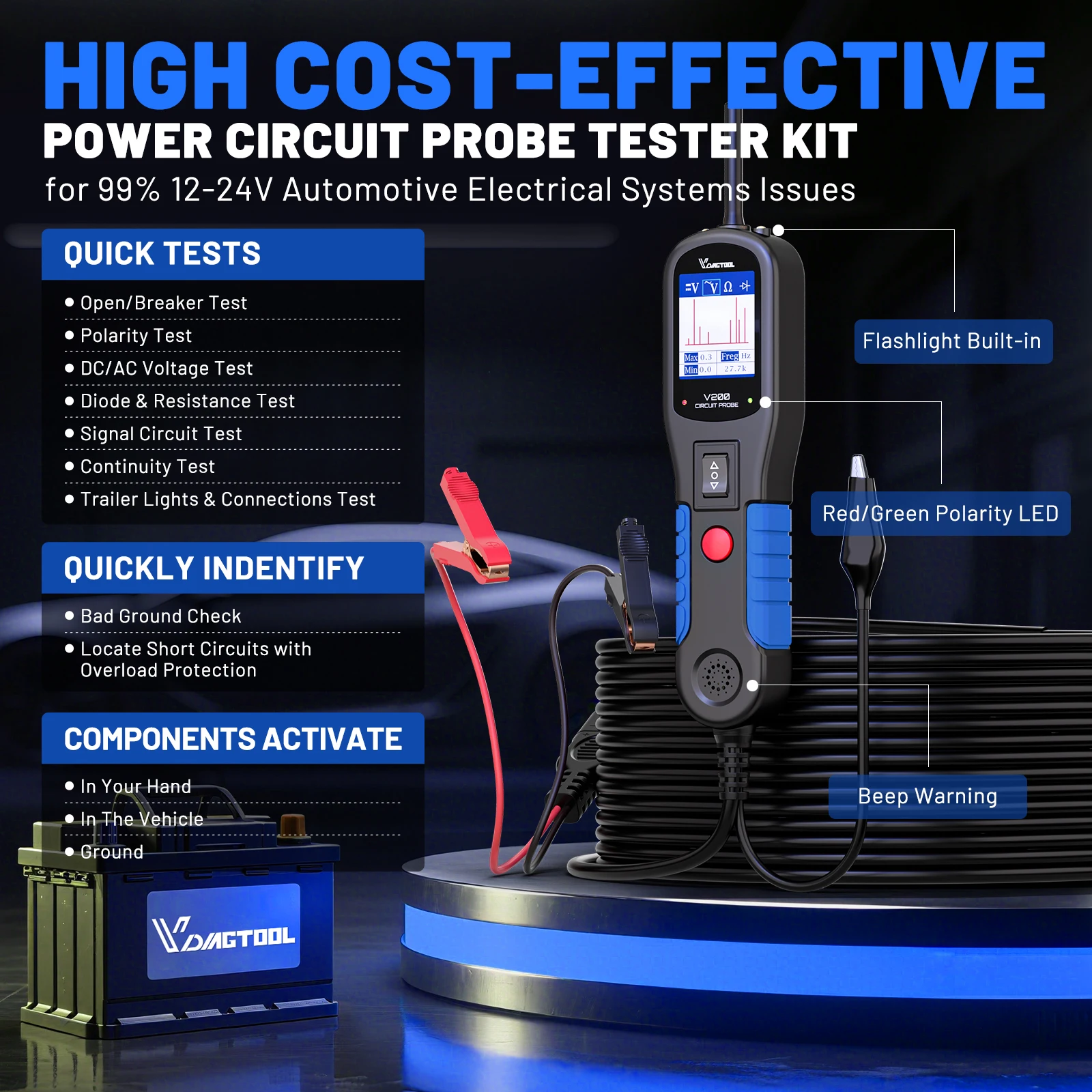 VDIAGTOOL V200 Automotive Circuit Tester 12V-24V Power Circuit Probe Open/Breaker Finder Car Electrical Diagnostic Tools